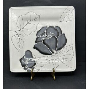 LAURIE GATES ANNA BLOOM BLACK Square Salad Luncheon Plate ~ Black Gray Flowers